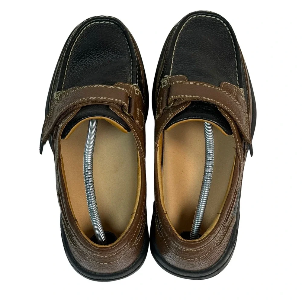 Dr. Comfort Mike Mens 11W Black Brown Leather Boat Shoes Hook Loop Strap 8660